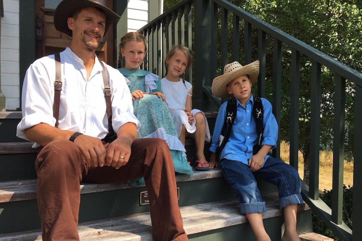 Family on steps of Pender Island Museum